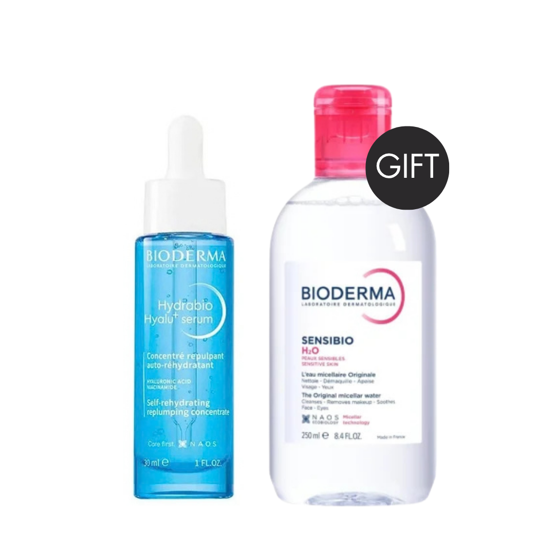 Bioderma Hydrabio Hyalu+ Serum 30ml alongside a free Sensibio H2O Micellar Water 250ml, marked with a gift badge on a white background.